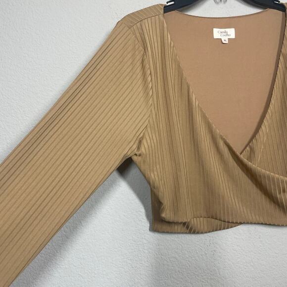 Camila Coelho XL Faux Wrap Crop Top Blouse Nude Long Sleeves Stretch Ester - Picture 4 of 8